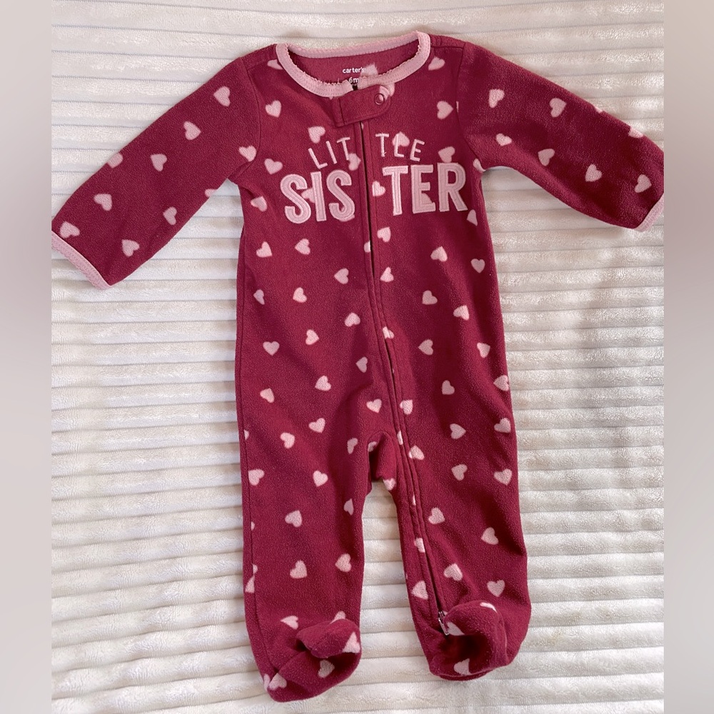 Carter’s Fleece Zip Sleeper Footed Red Hearts Little Sister 6 months